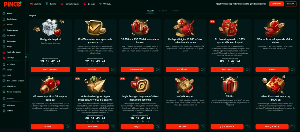 Pinco promosyon kodu üçün xüsusi bonuslar